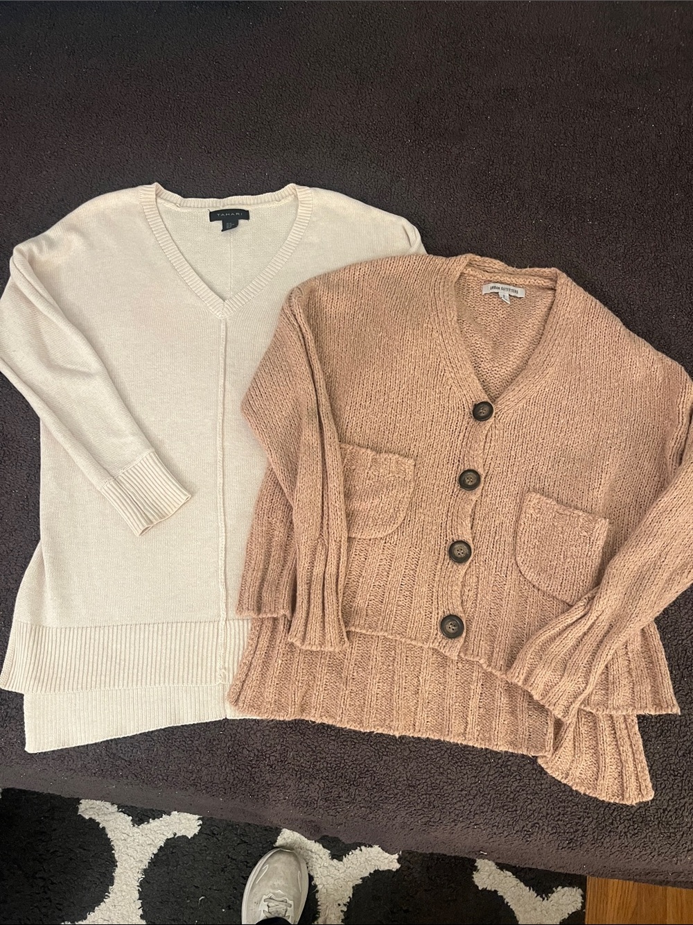 Sweater Set - Cream V-Neck Tunic and Tan Urban Outfitters ovesized button down